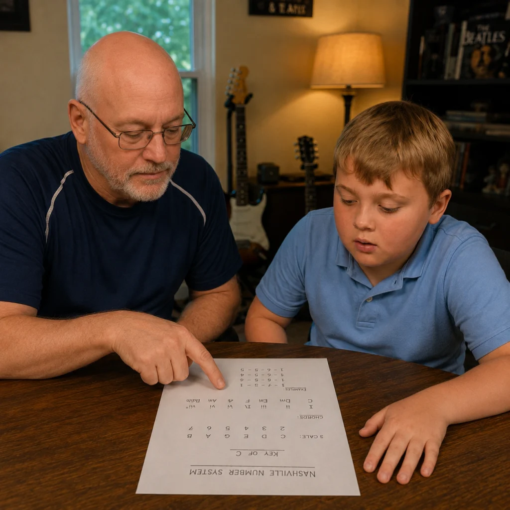 Guitar teacher and young student going over a Nashville Number System chart together during a lesson