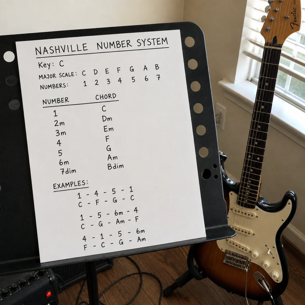 Handwritten Nashville Number System chart in the key of C showing each number with its matching chord, beside an electric guitar